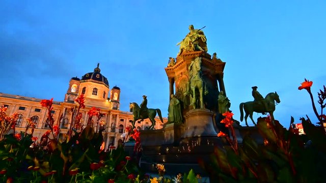 VIENNA AUSTRIA - SEP 6, 2019: Maria-Theresia-Platz Maria-Theresia DMonument with MuseumsQuartier MQ in the background tourist attraction sightseeing object Vienna Wien Vienna Austria