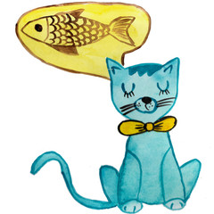 drawing of a cat in blue who dreams of a fish