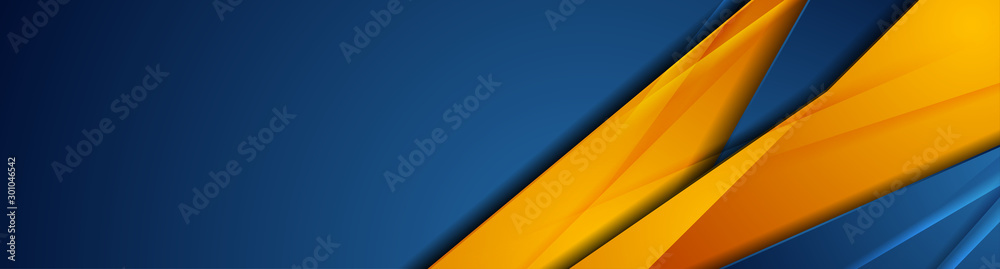 Wall mural high contrast blue and orange glossy stripes. abstract tech graphic banner design. vector corporate 