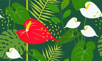 Seamless vector texture of tropical flowers and leaves. Anthurium, monstera in the jungle. Blooming garden of Eden in summer.