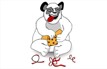  Abstract Christmas character, creative funny illustration, cute bear is open the gift on white background for decoration graphic design and artwork, Merry Christmas and happy new year conceptual.