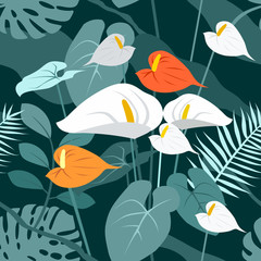 Fototapeta na wymiar Seamless vector texture of tropical flowers and leaves. Anthurium, monstera, palm in the jungle. Blooming garden of Eden in summer.