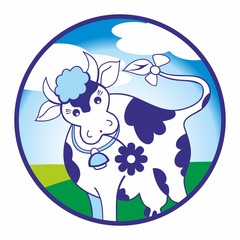 Cheerful cow on a green field, label with a picture of a cow on the meadow.