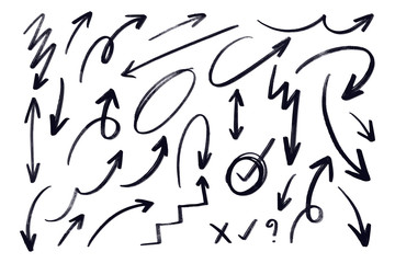 Hand drawn arrow vector set. Doodle arrows and line Sketch design on white background.