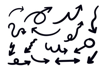 Hand drawn arrow vector set. Doodle arrows and line Sketch design on white background.