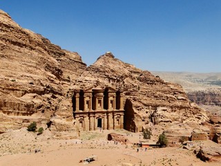 Panoramic view of remained Monastery in Petra in Jordan, an UNESCO World Heritage Site. Petra is a...