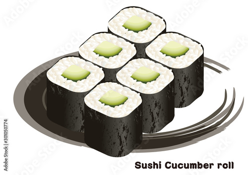 Fototapete 筆タッチ 手描きの寿司 鮨のイラスト キュウリの握り寿司 かっぱ巻 海苔巻のイラスト Globeds