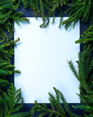 Empty Blank Card Surrounded by Christmas Tree Branches. Simple Christmas Composition © natanaelginting