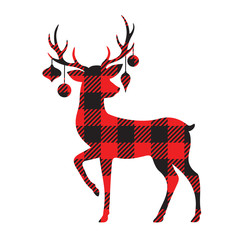 Vector illustration of a standing reindeer with Christmas ornaments. Holiday red buffalo plaid reindeer design.