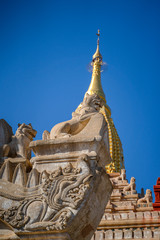 close-up the top of Ananda temple at sunrise in Bagan. is a long-lasting and large religious monument in old ancieant Bagan,  Mandalay, myanmar