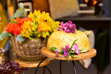 food and flowers on the table