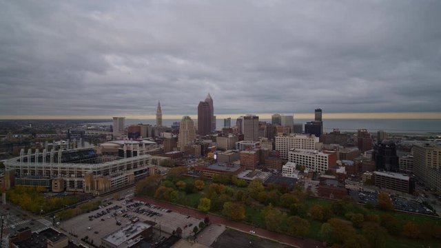 Cleveland Ohio Aerial v51 Slight ascending, panning view of downtown cityscape - October 2017