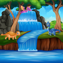 Cartoon happy dinosaurs on the nature
