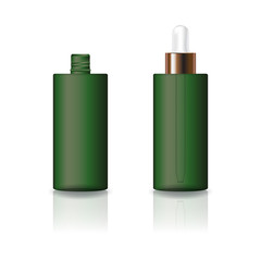 Blank green cosmetic cylinder bottle with white dropper lid for beauty or healthy product. Isolated on white background with reflection shadow. Ready to use for package design. Vector illustration.