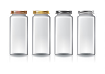 Blank clear high square jar with 4 colors screw lid for supplements or food product. Isolated on white background with reflection shadow. Ready to use for package design. Vector illustration.