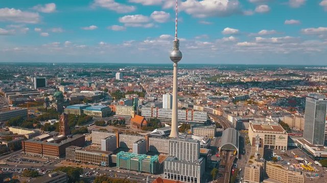BERLIN, GERMANY - JUNE, 2019: Aerial drone view shot of TV Tower on Alexanderplatz
