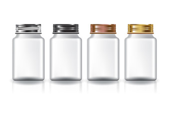 White square supplements, medicine bottle 4 colors screw lid for beauty or healthy product. Isolated on white background with reflection shadow. Ready to use for package design. Vector illustration.