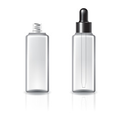 Clear square cosmetic bottle with dropper lid and black ring for beauty or healthy product.
