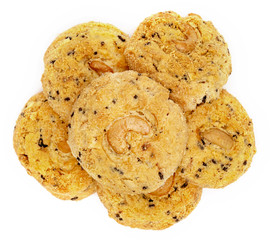 butter cookies with cashew nuts and chocolate chip isolated on white background