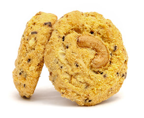 butter cookies with cashew nuts and chocolate chip isolated on white background