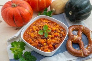 home made healthy autumn chili con carne with pumpkin