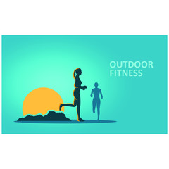 Running woman and mountains. Sunrise landscape. Sport and recreation concept. Outdoor fitness text