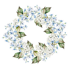 Beautiful watercolor wedding wreath with forget me not flowers and snowberry. 