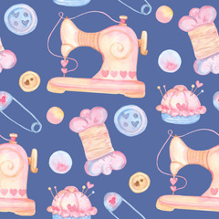 Sewing machine, pins, threads, buttons. Seamless pattern. Cute watercolor cartoon. Female needlework. Sewing tools.