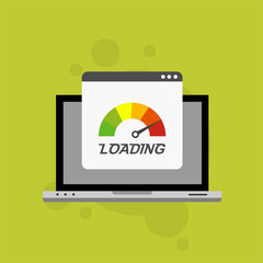 Laptop browser with speedometer test showing loading speed time. Vector illustration