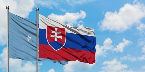 Micronesia and Slovakia flag waving in the wind against white cloudy blue sky together. Diplomacy concept, international relations.
