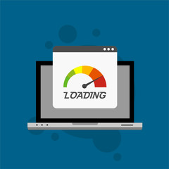 Laptop browser with speedometer test showing loading speed time. Vector illustration