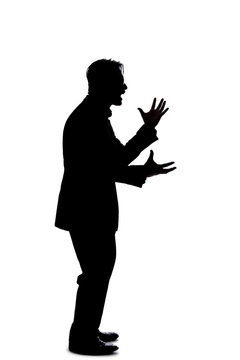recommend clip art: Silhouette of a backlit model posing as a businessman on a white background.  He is shouting in anger and is furious