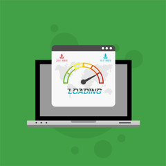 Laptop with speed test on the screen. Flat design people and technology concept. Vector illustration for web banner, business presentation, advertising material.