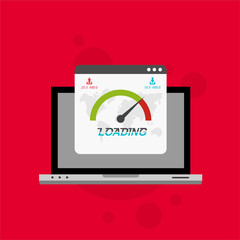 Laptop with speed test on the screen. Flat design people and technology concept. Vector illustration for web banner, business presentation, advertising material.