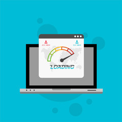 Laptop with speed test on the screen. Flat design people and technology concept. Vector illustration for web banner, business presentation, advertising material.