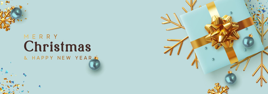 Christmas banner. Background Xmas design of realistic blue gifts box, golden 3d render snowflake and glitter gold confetti, bauble ball. Horizontal christmas poster, greeting cards, headers website