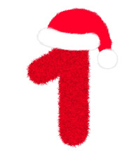 3D “Red fur feather character Number” creative decorative with Christmas hat, Number 1 isolated in white background has clipping path and dicut. Design font for Christmas holiday fashion concept. 