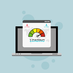Laptop with speed test on the screen. Flat design people and technology concept. Vector illustration for web banner, business presentation, advertising material.