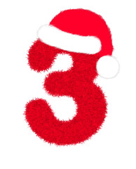 3D “Red fur feather character Number” creative decorative with Christmas hat, Number 3 isolated in white background has clipping path and dicut. Design font for Christmas holiday fashion concept. 