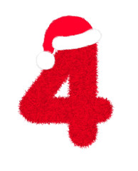 3D “Red fur feather character Number” creative decorative with Christmas hat, Number 4 isolated in white background has clipping path and dicut. Design font for Christmas holiday fashion concept. 