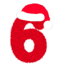 3D “Red fur feather character Number” creative decorative with Christmas hat, Number 6 isolated in white background has clipping path and dicut. Design font for Christmas holiday fashion concept. 