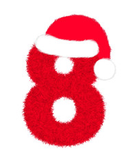 3D “Red fur feather character Number” creative decorative with Christmas hat, Number 8 isolated in white background has clipping path and dicut. Design font for Christmas holiday fashion concept. 