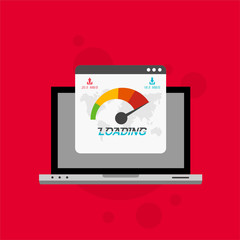 Laptop with speed test on the screen. Flat design people and technology concept. Vector illustration for web banner, business presentation, advertising material.