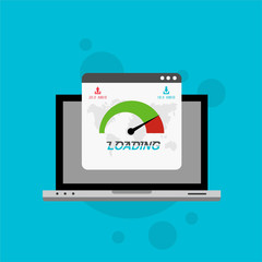 Fototapeta premium Laptop with speed test on the screen. Flat design people and technology concept. Vector illustration for web banner, business presentation, advertising material.