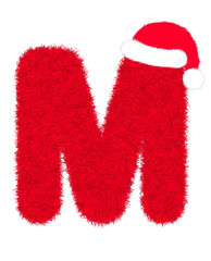 3D “Red fur feather carpet letter” creative decorative with Christmas hat, Character M isolated in white background has clipping path and dicut. Design font for Christmas holiday fashion concept. 