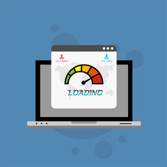 Laptop with speed test on the screen. Flat design people and technology concept. Vector illustration for web banner, business presentation, advertising material.