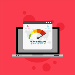 Laptop with speed test on the screen. Flat design people and technology concept. Vector illustration for web banner, business presentation, advertising material.