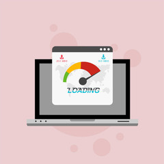 Laptop with speed test on the screen. Flat design people and technology concept. Vector illustration for web banner, business presentation, advertising material.