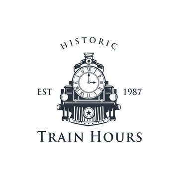 Train hours logo design illustration. Combination of train with clock