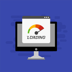 laptop with Speedometer Internet Speed icon. Website speed loading time. Vector illustration for web banner, business presentation, advertising material